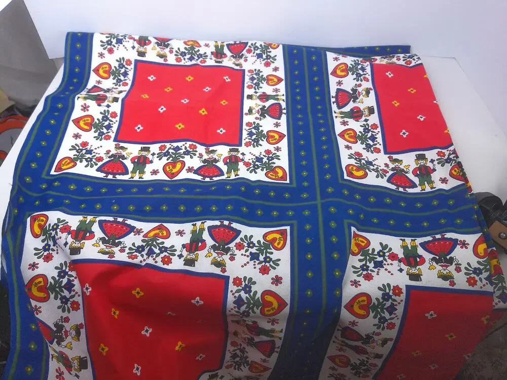 Vintage Kolf Austrian Folklore Cotton Tablecloth 59x79 Red Navy Blue Folk Art
